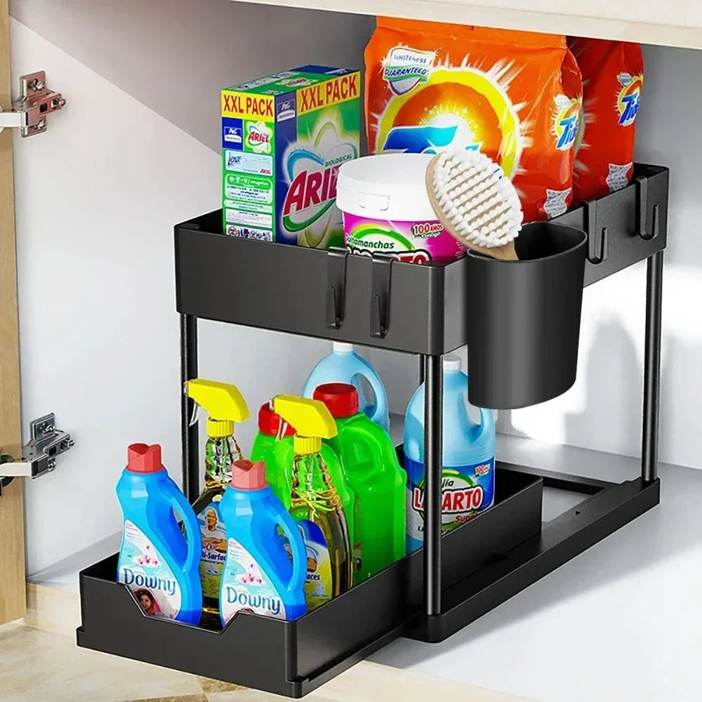 2-Tier Sliding Under Sink Organizer, Plastic Storage Baskets with 4 Hooks for Kitchen, Bathroom and Pantry Cabinets - product view 2