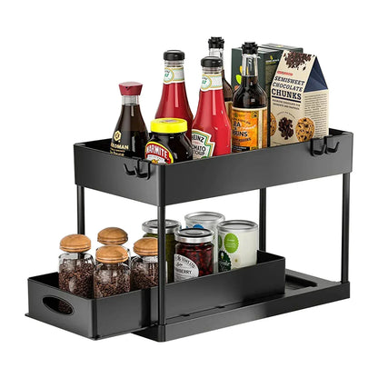 2-Tier Sliding Under Sink Organizer, Plastic Storage Baskets with 4 Hooks for Kitchen, Bathroom and Pantry Cabinets - product view 6