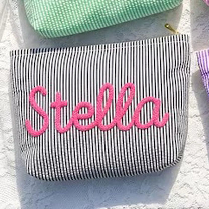 Personalized Seersucker Toiletry Bag, Chenille Name Embroidery, Reusable Rectangular Travel Makeup Pouch in Multiple Colors - product view 2