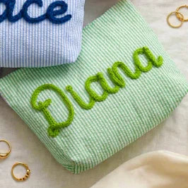 Personalized Seersucker Toiletry Bag, Chenille Name Embroidery, Reusable Rectangular Travel Makeup Pouch in Multiple Colors - product view 3