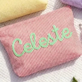 Personalized Seersucker Toiletry Bag, Chenille Name Embroidery, Reusable Rectangular Travel Makeup Pouch in Multiple Colors - product view 4