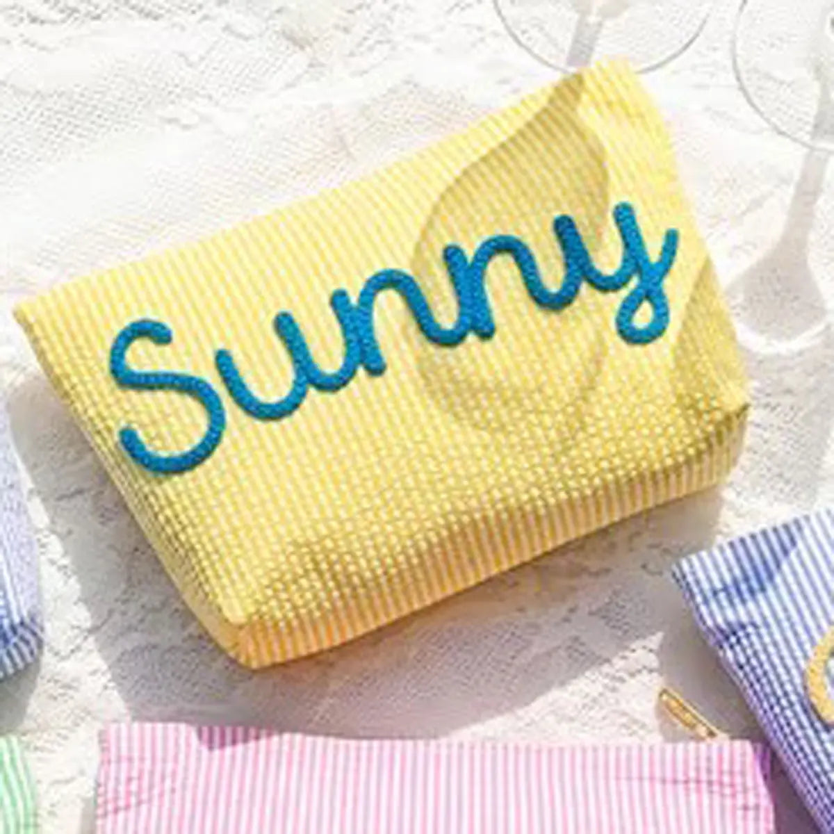 Personalized Seersucker Toiletry Bag, Chenille Name Embroidery, Reusable Rectangular Travel Makeup Pouch in Multiple Colors - product view 5