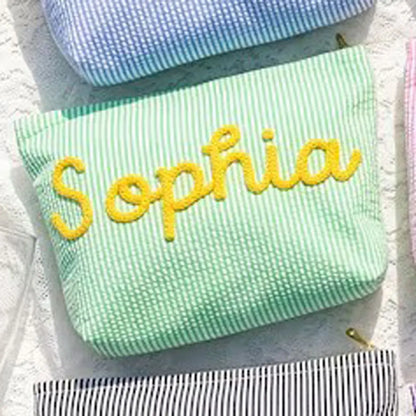 Personalized Seersucker Toiletry Bag, Chenille Name Embroidery, Reusable Rectangular Travel Makeup Pouch in Multiple Colors - product view 6