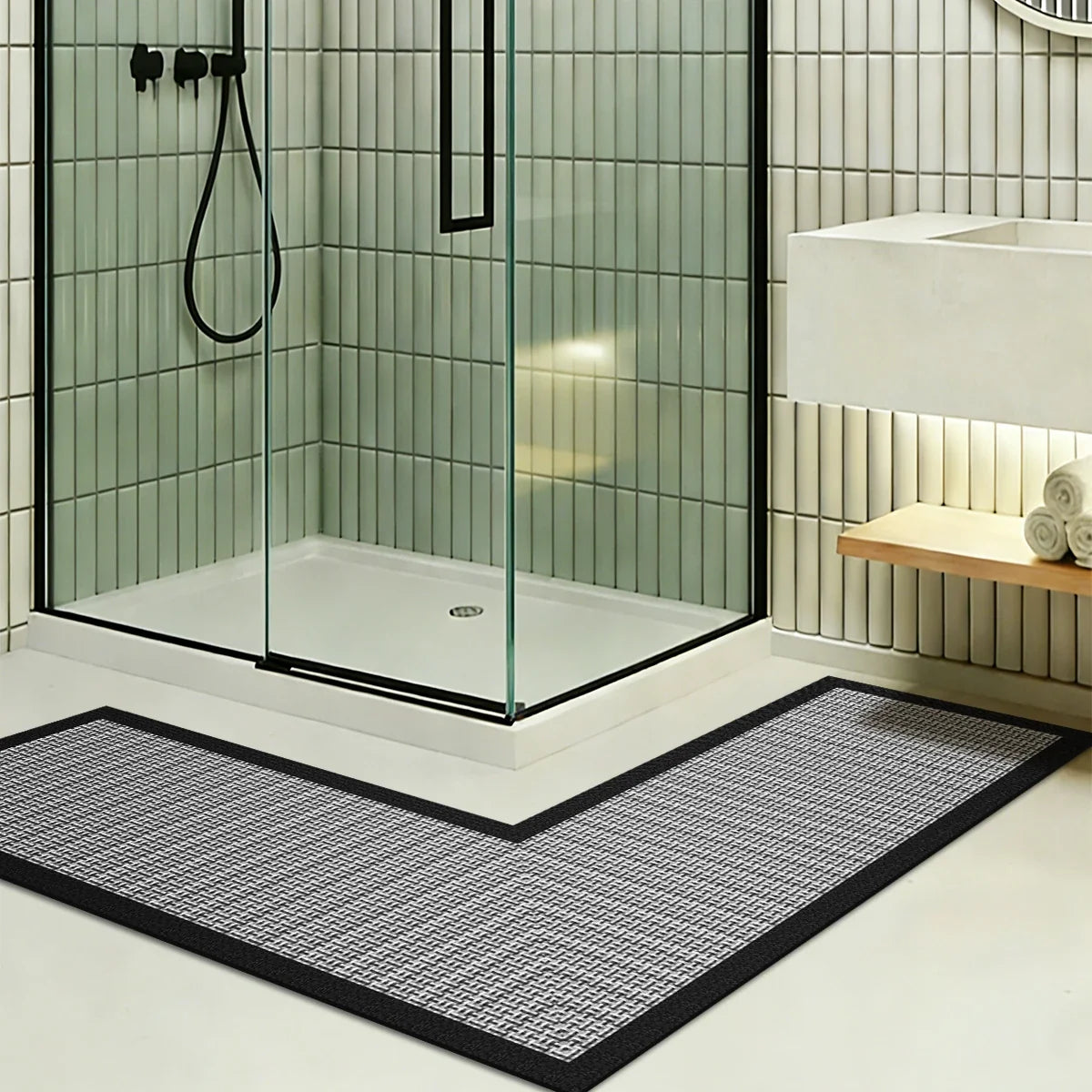 L-Shaped Bath Mat, Absorbent Bathroom Floor Rug with Rubber Material, Two Sizes and Black, Brown or Gray Options - product view 1