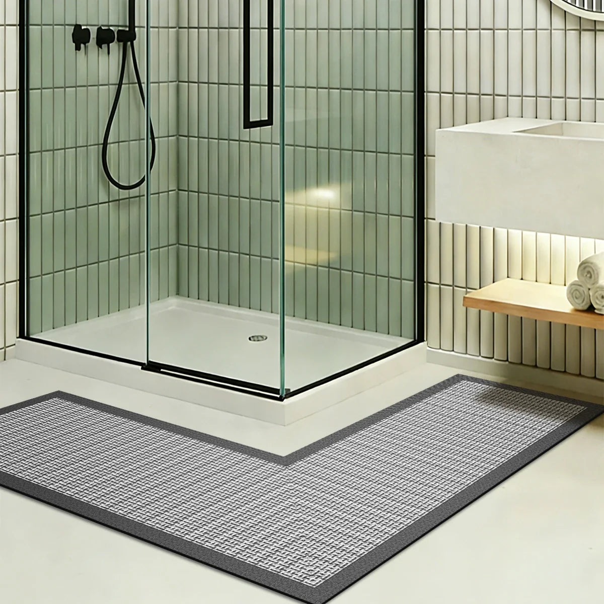 L-Shaped Bath Mat, Absorbent Bathroom Floor Rug with Rubber Material, Two Sizes and Black, Brown or Gray Options - product view 3