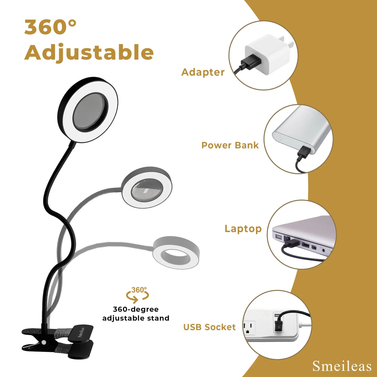 LED Desk Lamp, 5 V DC, Black, Adjustable Task Lighting for Reading, Detailed Work and Desktop Use - product view 4