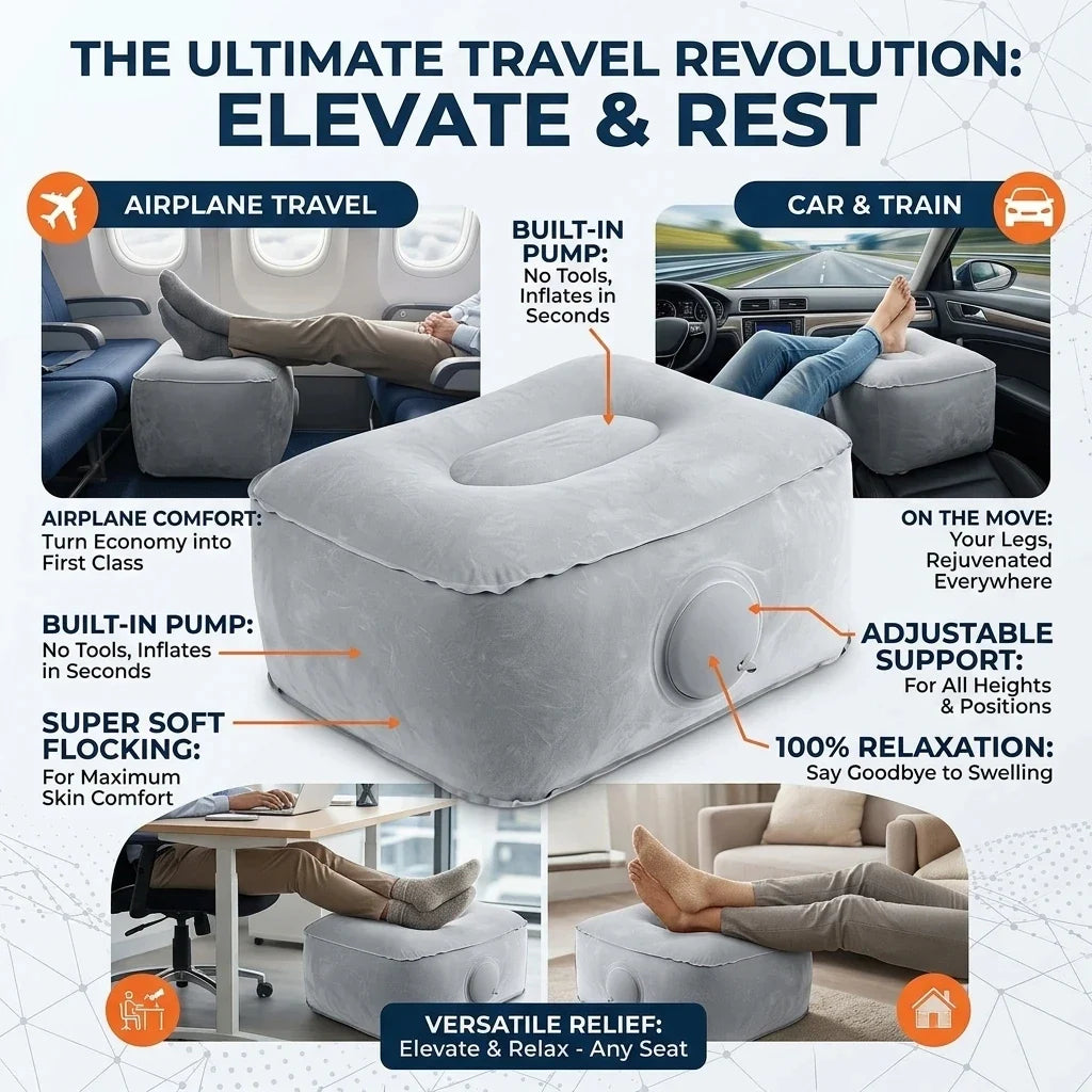 Inflatable Travel Footrest Pillow, Lightweight Rectangle Polyester Cushion in Grey for Airplane, Car, Bus and Office - product view 6