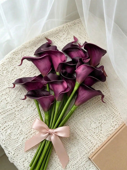 Artificial Calla Lily Bouquet, Realistic-Touch Polyester Flowers, 10-Piece Purple Arrangement for Wedding and Home Décor - product view 3