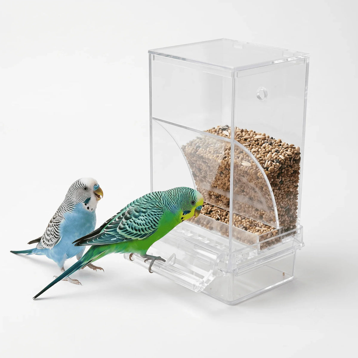 Non-Automatic Bird Feeder, Clear Plastic Spill-Proof Seed Dispenser, Easy-Fill Cage Accessory for Budgies, Parakeets and Finches - product view 1
