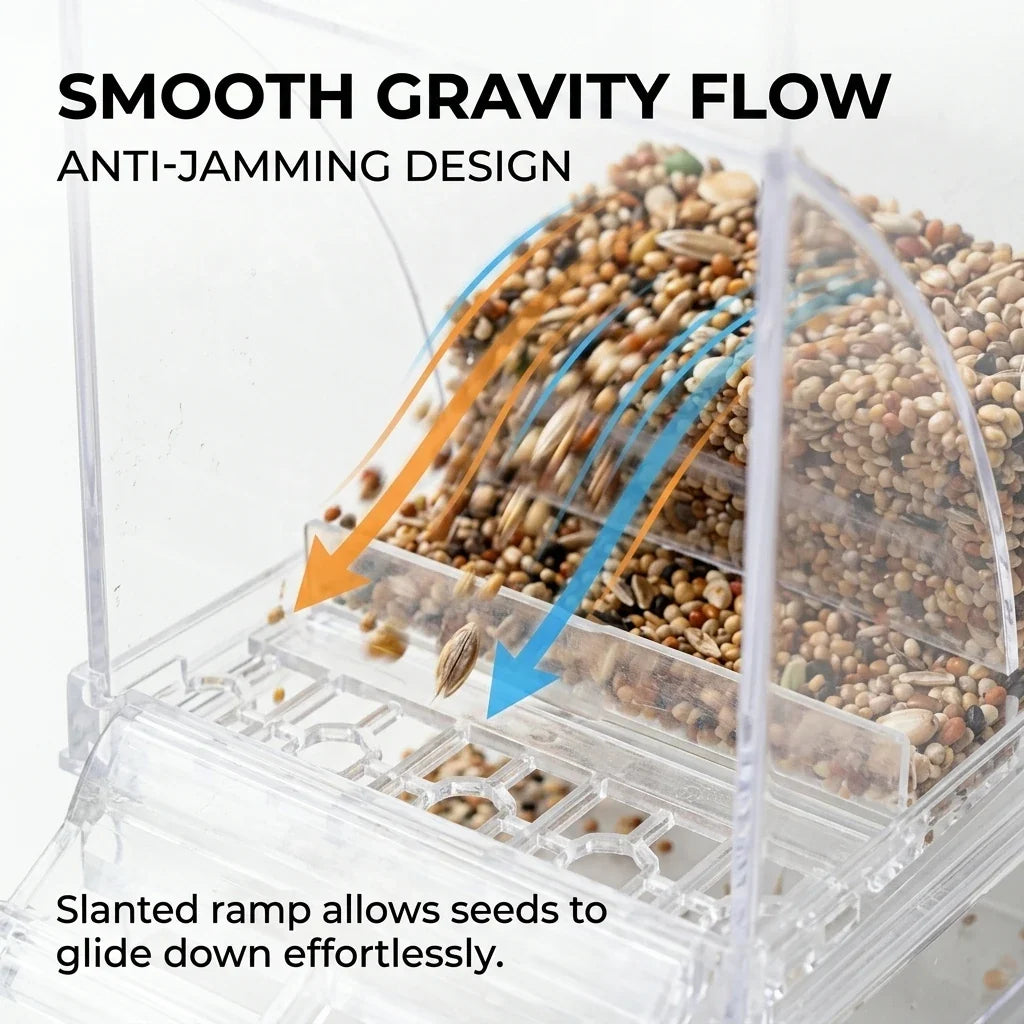 Non-Automatic Bird Feeder, Clear Plastic Spill-Proof Seed Dispenser, Easy-Fill Cage Accessory for Budgies, Parakeets and Finches - product view 3