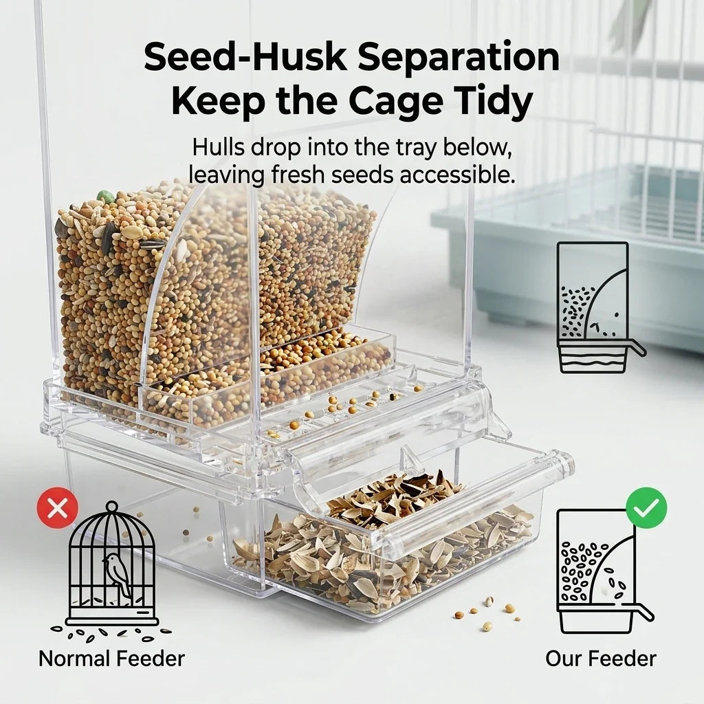 Non-Automatic Bird Feeder, Clear Plastic Spill-Proof Seed Dispenser, Easy-Fill Cage Accessory for Budgies, Parakeets and Finches - product view 4