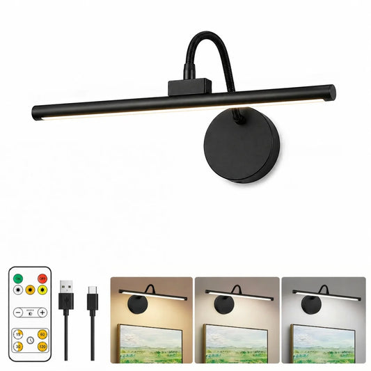 Wireless LED Picture Light with Remote, Rechargeable Battery, Dimmable 3-Color Lighting, Iron Body, 1 or 2 Piece Set - product view 1
