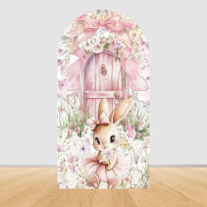 Pink Floral Bunny Arch Backdrop Cover, Polyester Party Photo Background, 7 Size Options for Easter and Birthday Décor - product view 2