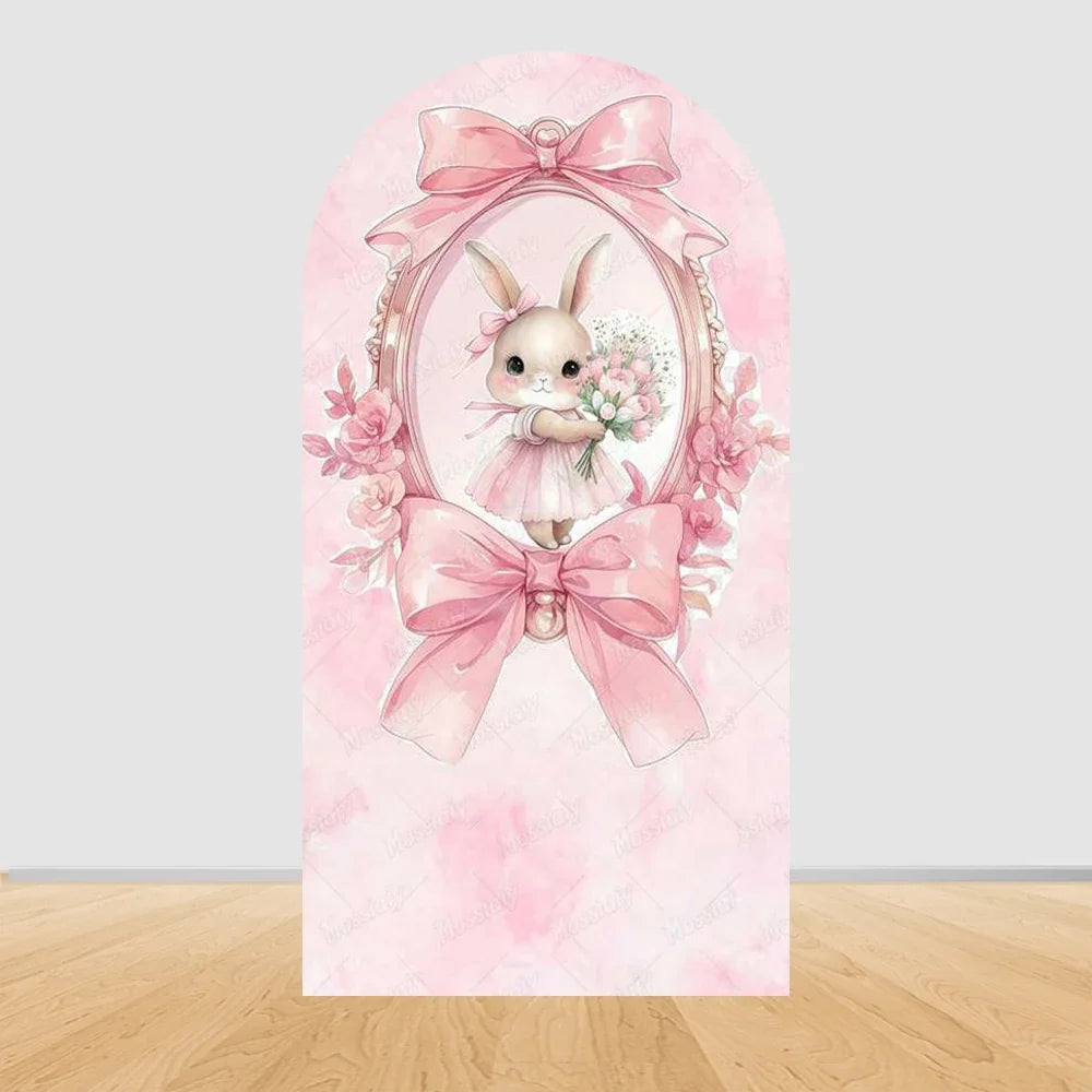 Pink Floral Bunny Arch Backdrop Cover, Polyester Party Photo Background, 7 Size Options for Easter and Birthday Décor - product view 3
