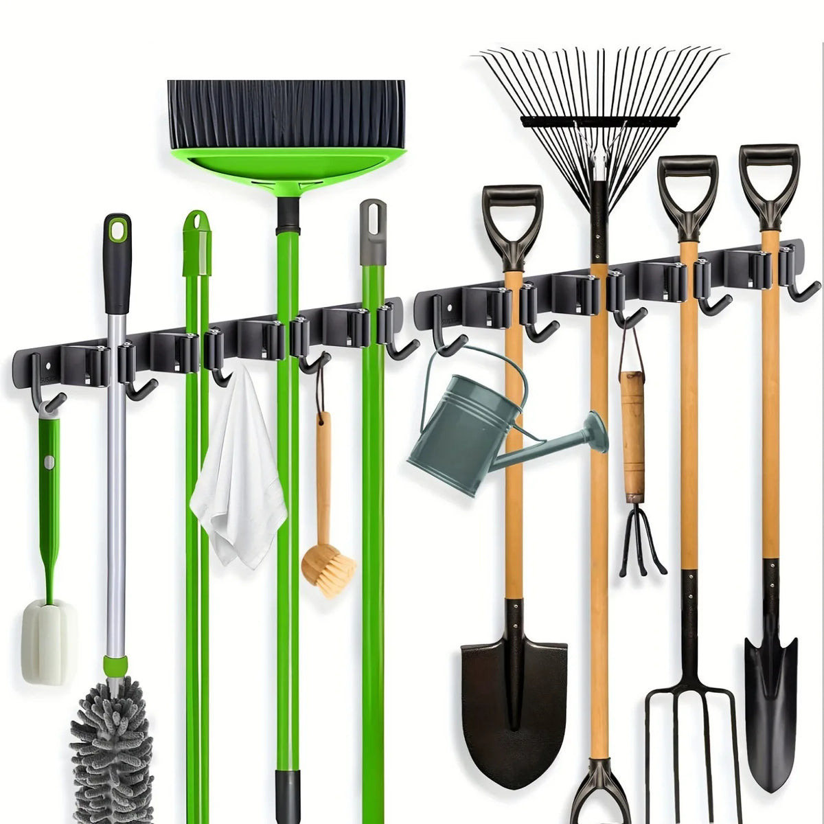 Stainless Steel Broom Wall Holder, Wall Mounted, Waterproof, 4 Slots and 5 Hooks, Medium Size for Brooms, Mops and Garden Tools - product view 2