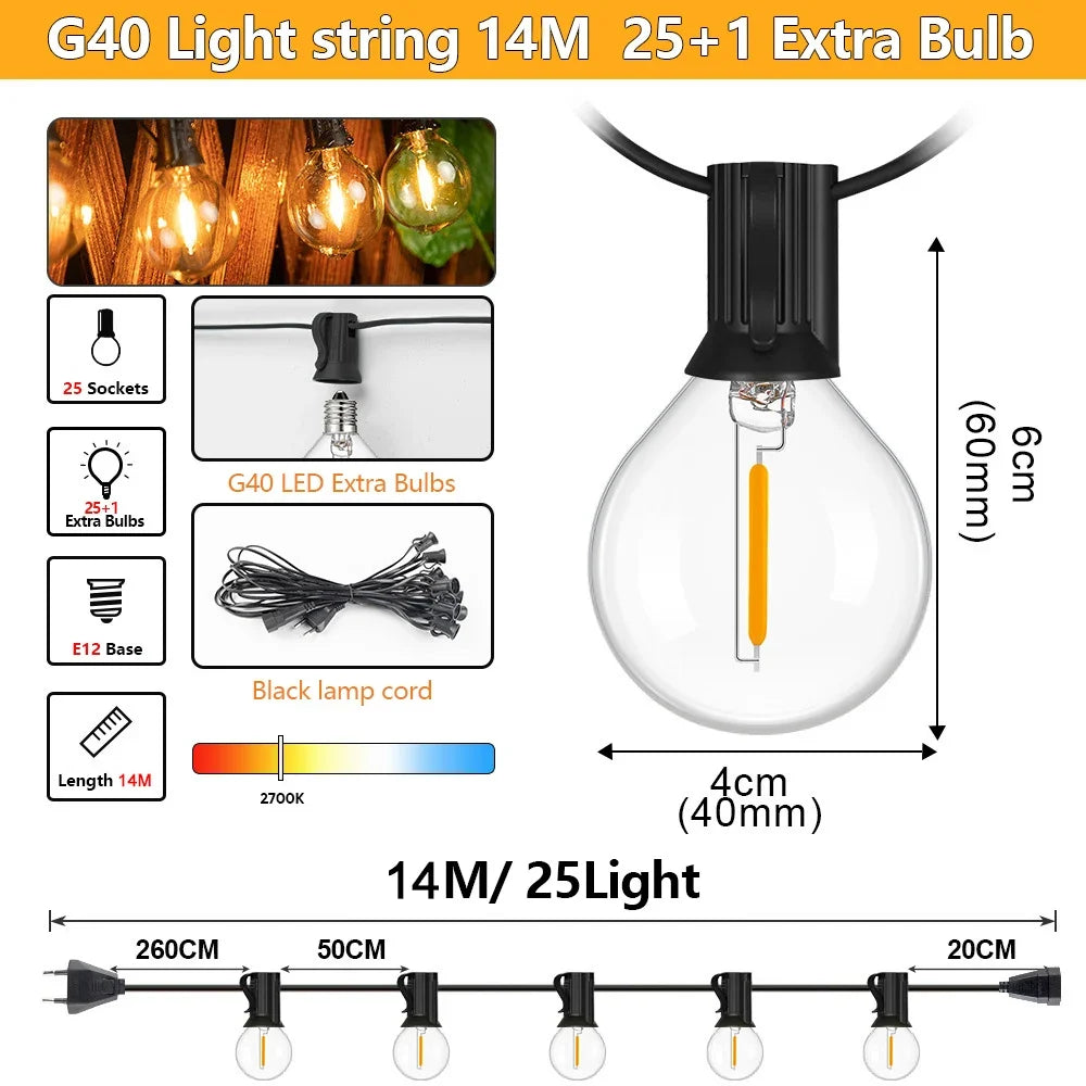 Outdoor LED Patio String Lights, Waterproof G40 Globe Bulbs, Dimmable Warm 2700K Lighting, EU Plug, 7–30M Options - product view 3