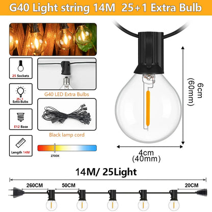 Outdoor LED Patio String Lights, Waterproof G40 Globe Bulbs, Dimmable Warm 2700K Lighting, EU Plug, 7–30M Options - product view 3