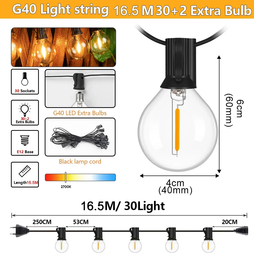 Outdoor LED Patio String Lights, Waterproof G40 Globe Bulbs, Dimmable Warm 2700K Lighting, EU Plug, 7–30M Options - product view 4