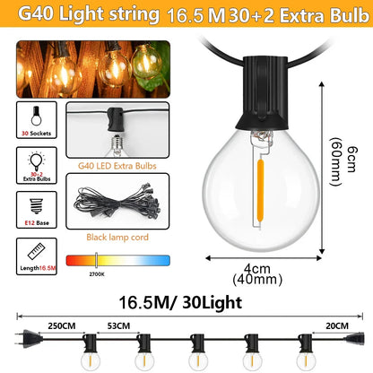 Outdoor LED Patio String Lights, Waterproof G40 Globe Bulbs, Dimmable Warm 2700K Lighting, EU Plug, 7–30M Options - product view 4