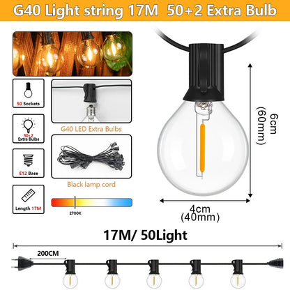 Outdoor LED Patio String Lights, Waterproof G40 Globe Bulbs, Dimmable Warm 2700K Lighting, EU Plug, 7–30M Options - product view 5