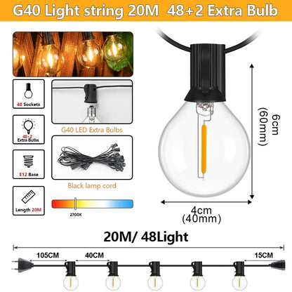 Outdoor LED Patio String Lights, Waterproof G40 Globe Bulbs, Dimmable Warm 2700K Lighting, EU Plug, 7–30M Options - product view 6