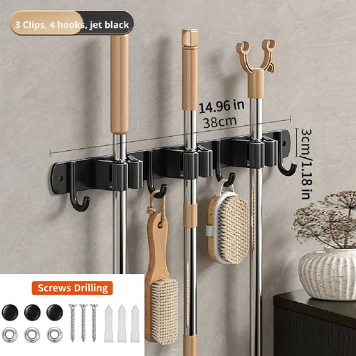 Stainless Steel Broom Wall Holder, Silicone Grip Clamps, Integrated Hooks, Drill-Free or Screw Installation for Bathroom and Laundry Room - product view 1