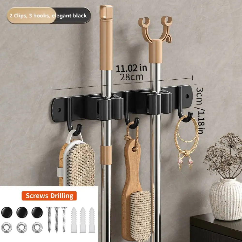 Stainless Steel Broom Wall Holder, Silicone Grip Clamps, Integrated Hooks, Drill-Free or Screw Installation for Bathroom and Laundry Room - product view 2