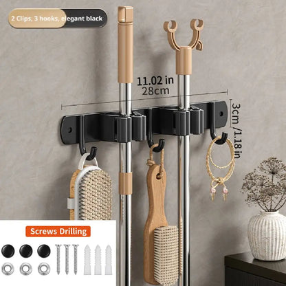 Stainless Steel Broom Wall Holder, Silicone Grip Clamps, Integrated Hooks, Drill-Free or Screw Installation for Bathroom and Laundry Room - product view 2