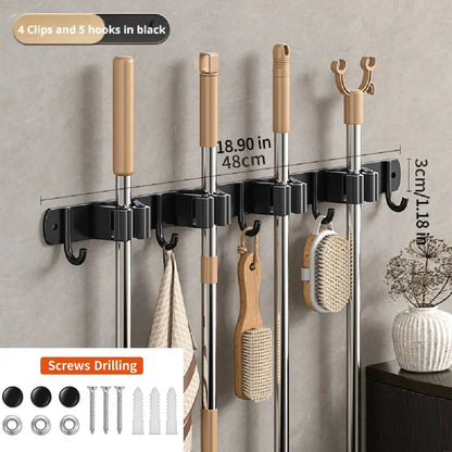 Stainless Steel Broom Wall Holder, Silicone Grip Clamps, Integrated Hooks, Drill-Free or Screw Installation for Bathroom and Laundry Room - product view 3