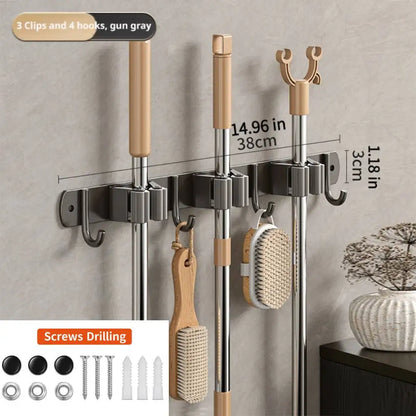 Stainless Steel Broom Wall Holder, Silicone Grip Clamps, Integrated Hooks, Drill-Free or Screw Installation for Bathroom and Laundry Room - product view 4