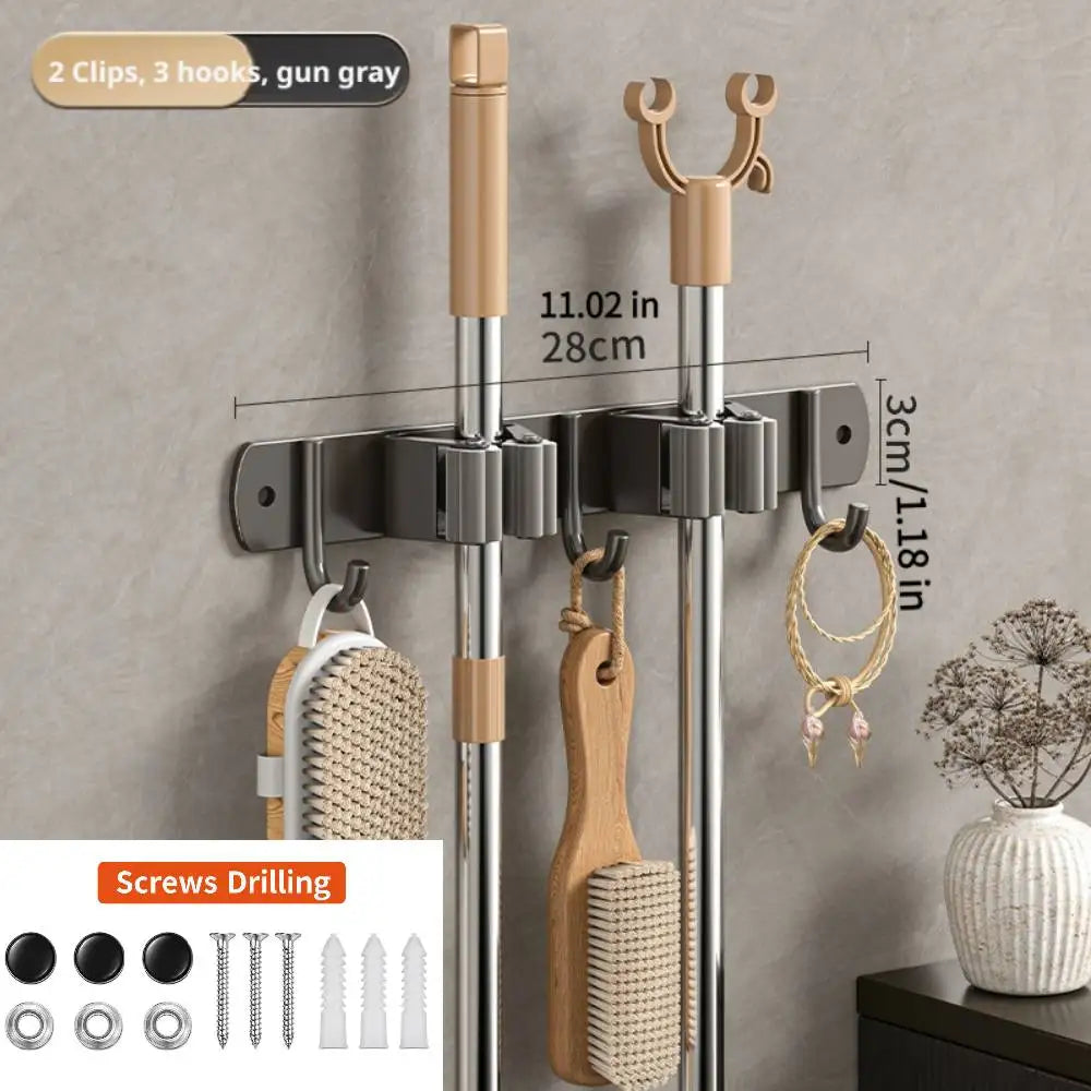Stainless Steel Broom Wall Holder, Silicone Grip Clamps, Integrated Hooks, Drill-Free or Screw Installation for Bathroom and Laundry Room - product view 5