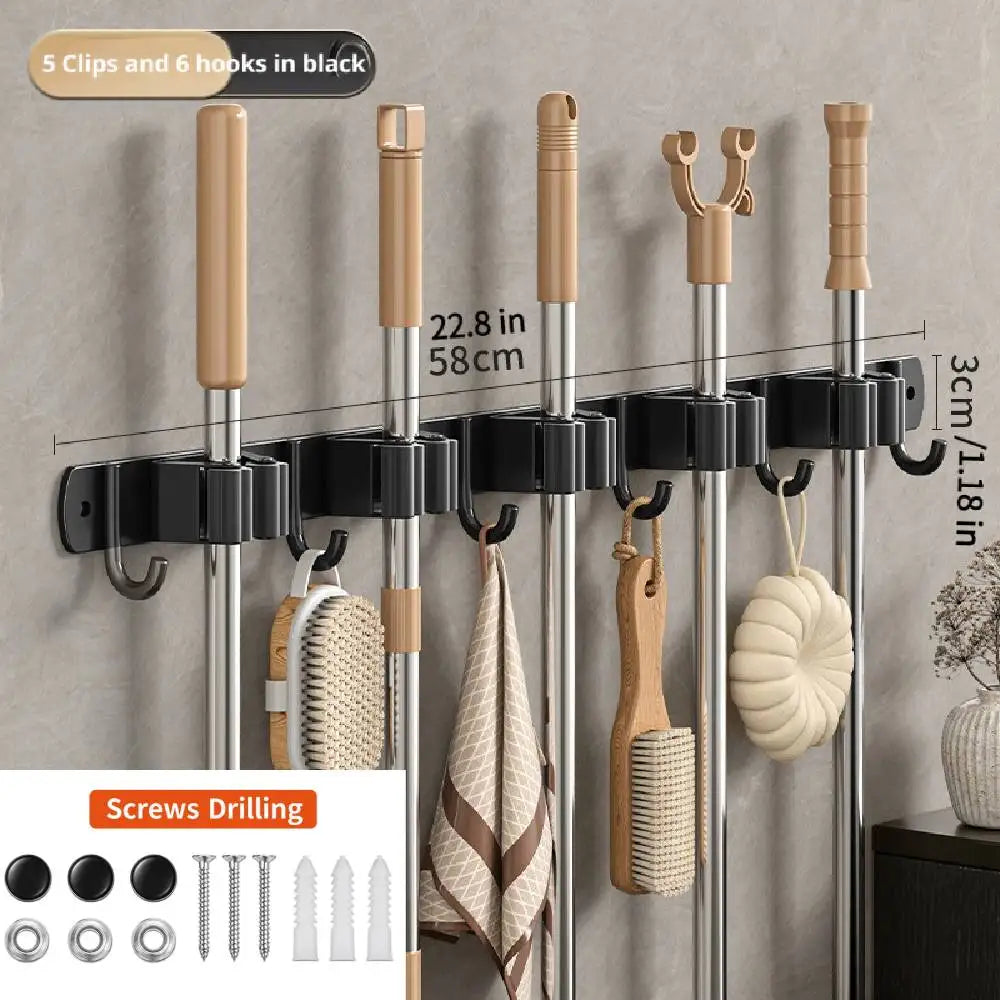 Stainless Steel Broom Wall Holder, Silicone Grip Clamps, Integrated Hooks, Drill-Free or Screw Installation for Bathroom and Laundry Room - product view 6