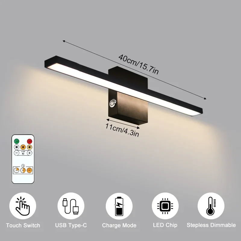 Rechargeable LED Picture Light, 6000mAh Battery, Remote and Touch Control, Dimmable Aluminum Wall Sconce, 40 or 60 cm - product view 1