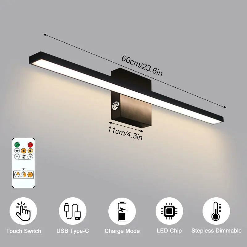 Rechargeable LED Picture Light, 6000mAh Battery, Remote and Touch Control, Dimmable Aluminum Wall Sconce, 40 or 60 cm - product view 2