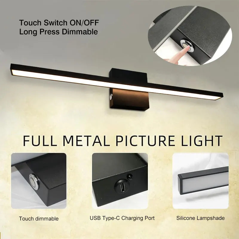 Rechargeable LED Picture Light, 6000mAh Battery, Remote and Touch Control, Dimmable Aluminum Wall Sconce, 40 or 60 cm - product view 4