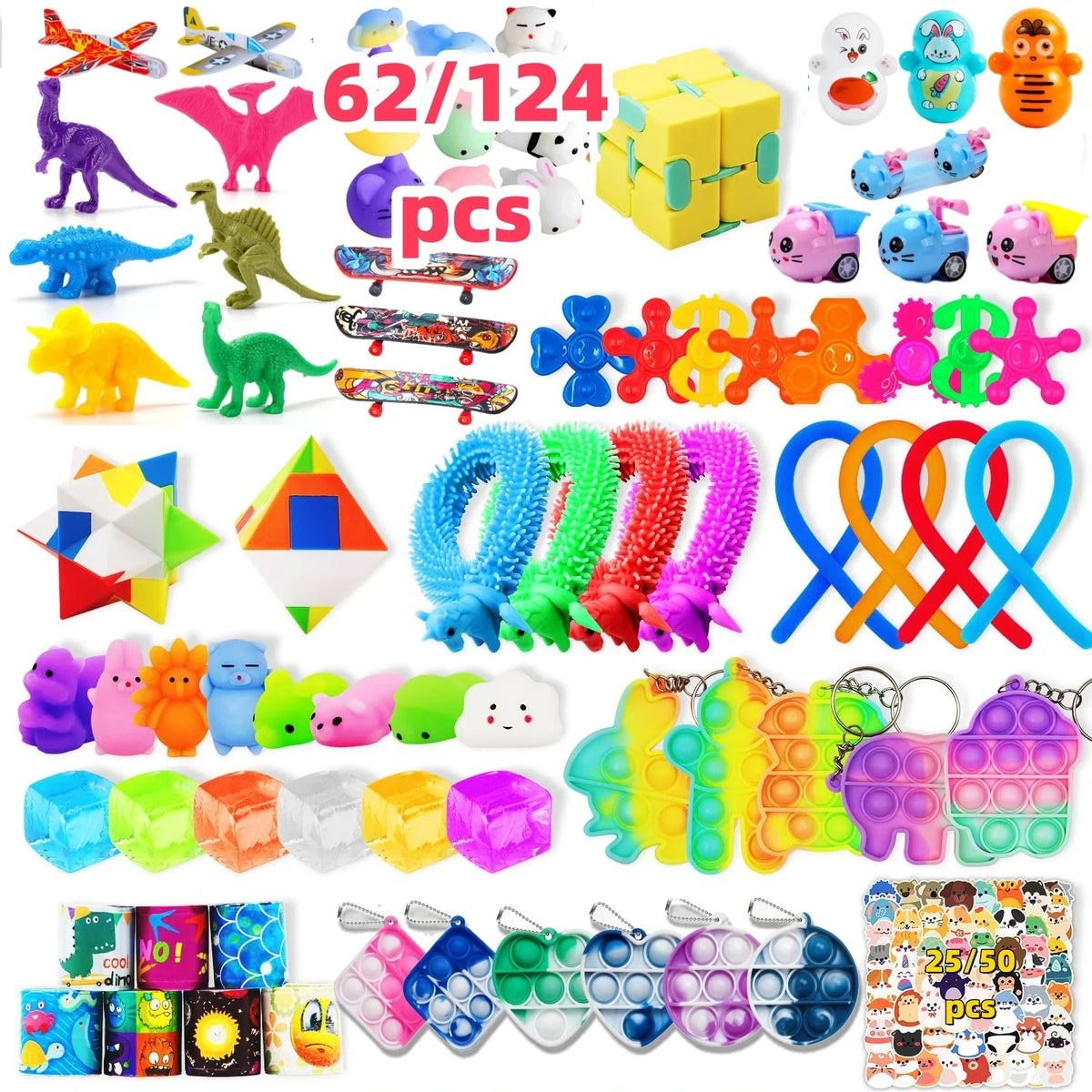 Kids' Party Favor Fidget Toys Bulk Set, 62 or 124 Pieces, Plastic Treasure Box Prizes and Stocking Stuffers - product view 1