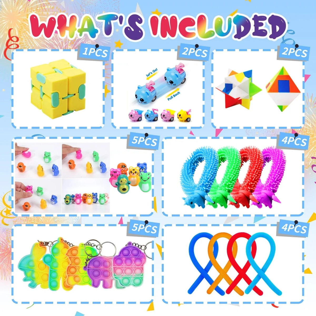Kids' Party Favor Fidget Toys Bulk Set, 62 or 124 Pieces, Plastic Treasure Box Prizes and Stocking Stuffers - product view 2