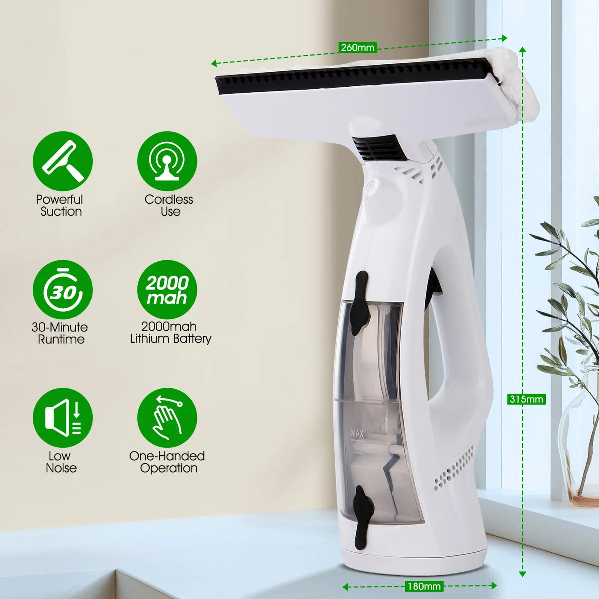 Cordless Window Vacuum Cleaner with Spray and Squeegee Head, Microfiber Cleaning Tool for Glass and Mirrors - product view 2