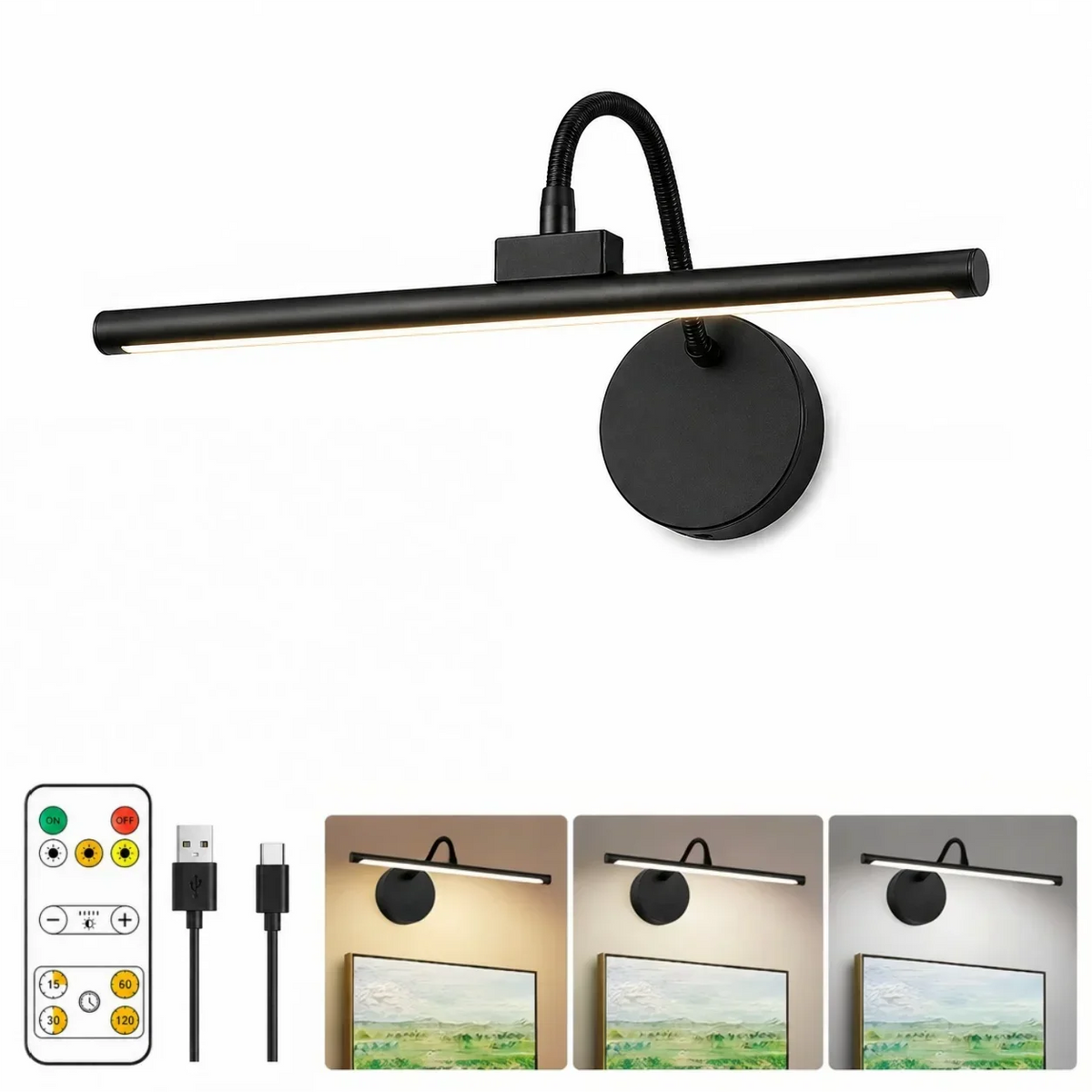 Rechargeable Picture Light, Wireless LED Wall Lamp with Remote Control, 360° Adjustable Magnetic Mount, 3 Color Dimming - product view 1