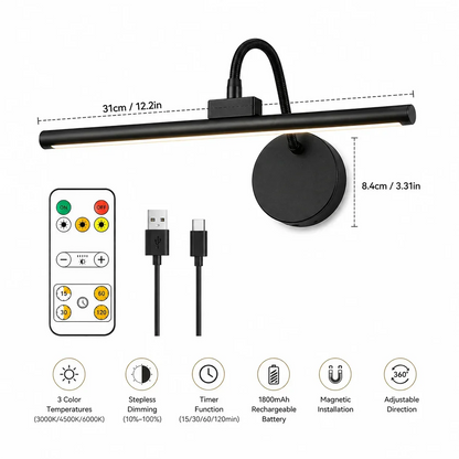 Rechargeable Picture Light, Wireless LED Wall Lamp with Remote Control, 360° Adjustable Magnetic Mount, 3 Color Dimming - product view 4