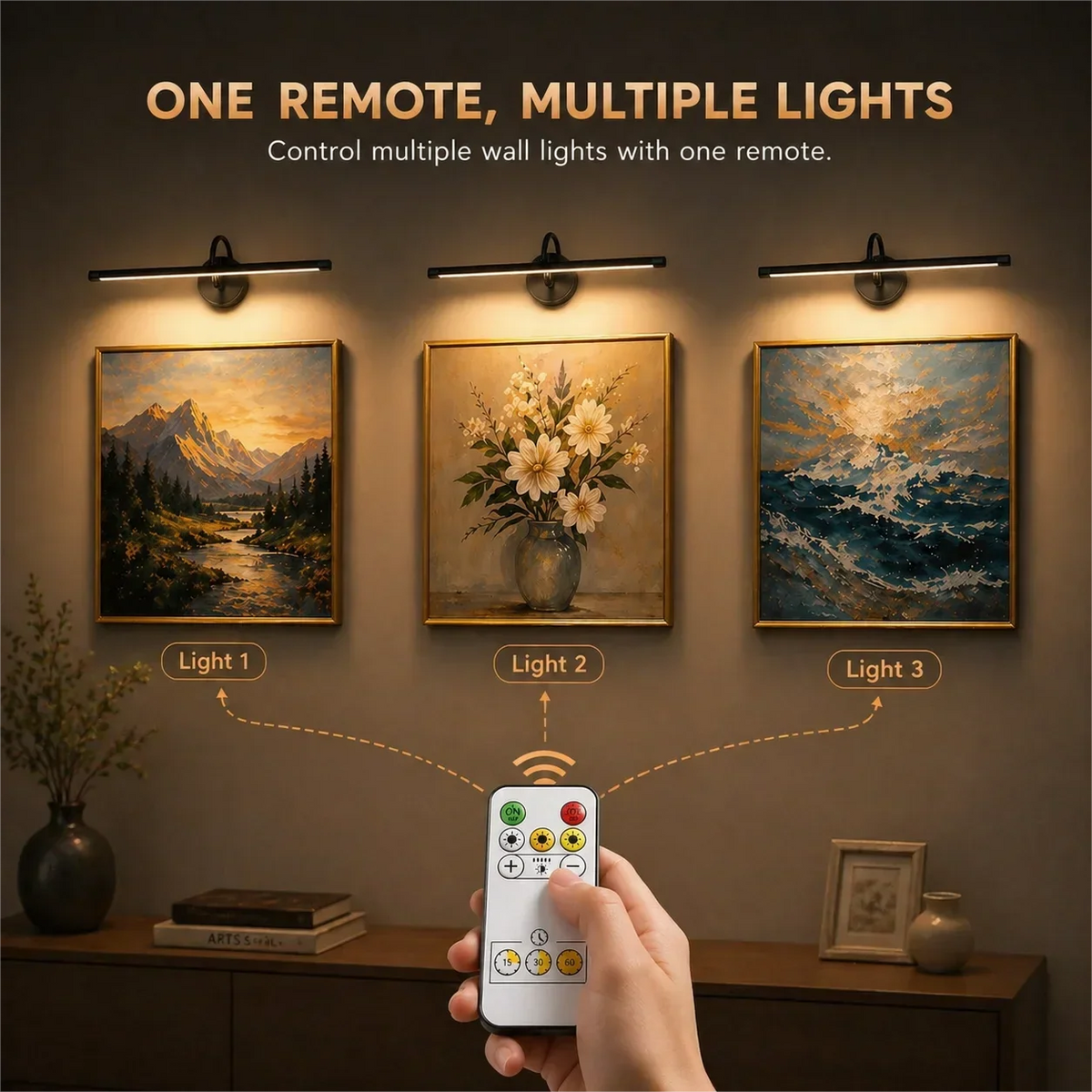 Rechargeable Picture Light, Wireless LED Wall Lamp with Remote Control, 360° Adjustable Magnetic Mount, 3 Color Dimming - product view 6