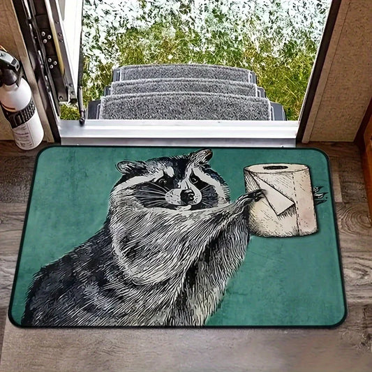 Raccoon Welcome Mat, Printed Short-Plush Surface, Anti-Slip PVC Backing with Sponge Core for Doorway, Kitchen and Bedroom - product view 1