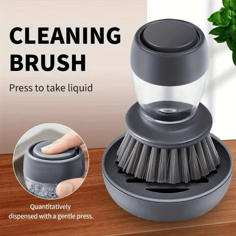 Soap Dispensing Dish Brush, Round Nylon Scrub Brush with Refillable Handle, Holder and Drip Tray for Kitchen Cleaning - product view 2