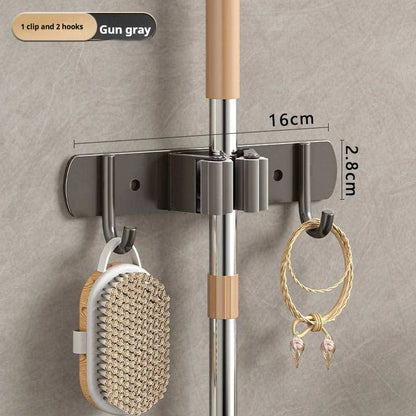 Stainless Steel Broom Wall Holder, 4 Clips and 5 Hooks, Wall-Mounted Kitchen Storage Rack for Cleaning Tools - product view 1