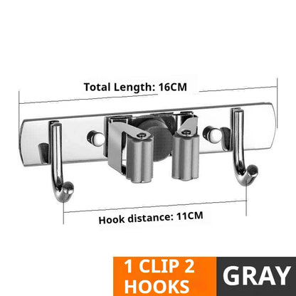 Stainless Steel Broom Wall Holder, 4 Clips and 5 Hooks, Wall-Mounted Kitchen Storage Rack for Cleaning Tools - product view 3