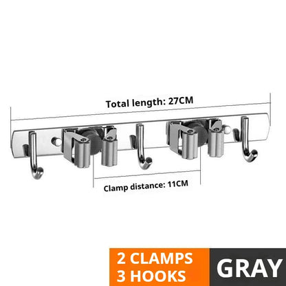 Stainless Steel Broom Wall Holder, 4 Clips and 5 Hooks, Wall-Mounted Kitchen Storage Rack for Cleaning Tools - product view 4
