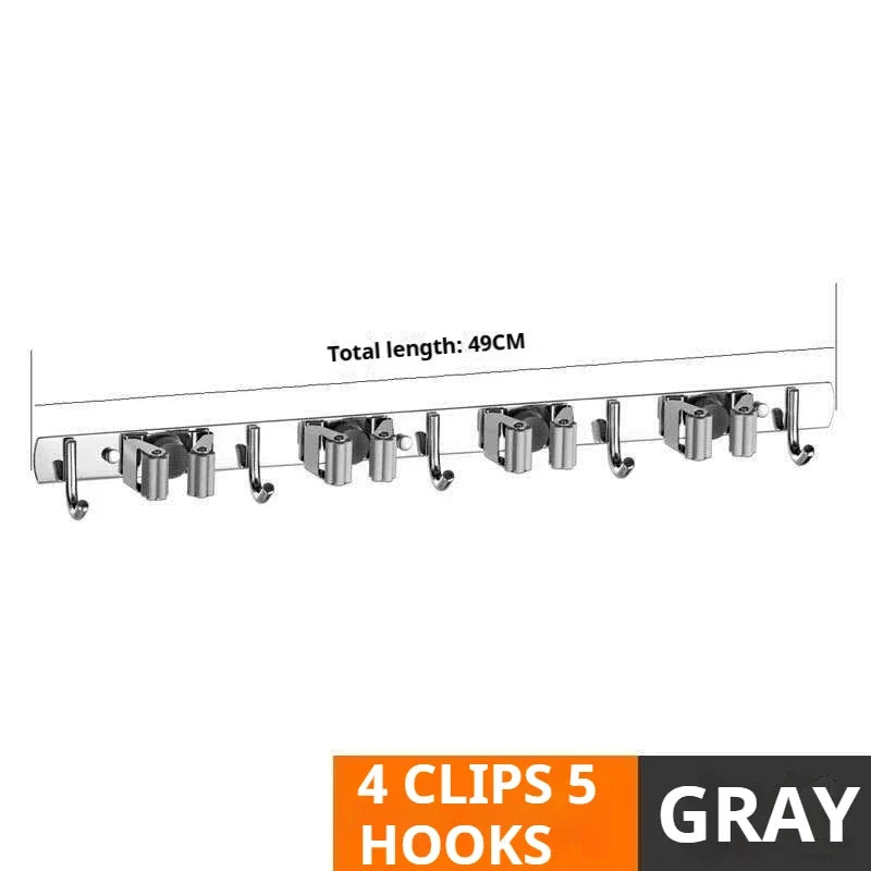 Stainless Steel Broom Wall Holder, 4 Clips and 5 Hooks, Wall-Mounted Kitchen Storage Rack for Cleaning Tools - product view 6