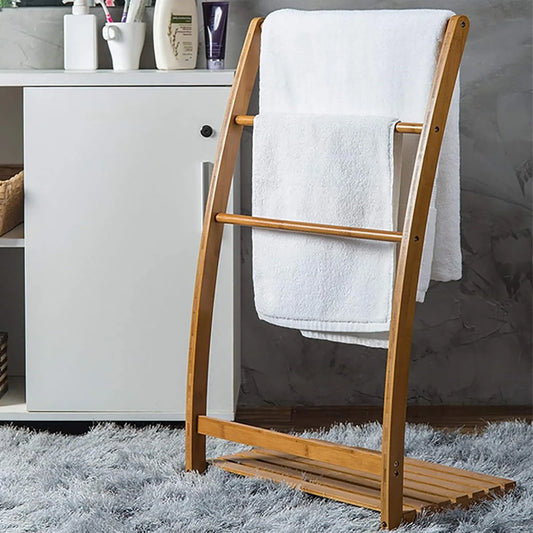 3-Tier Freestanding Towel Ladder Rack, Plastic Bathroom Organizer with Storage Shelf, Assembly Design for Indoor Use - product view 1