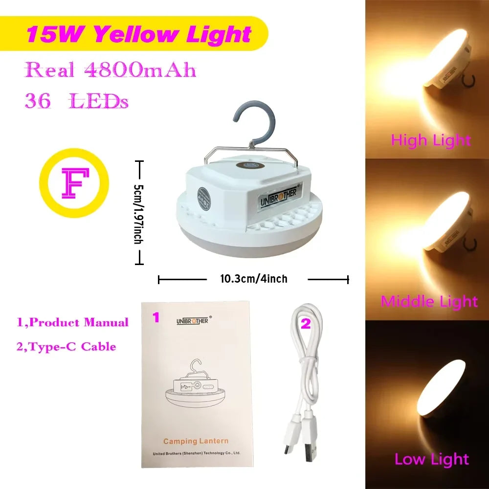 Rechargeable LED Camping Lantern, Magnetic Hook, USB and Type-C 2A Charging, 4 Light Levels, 15W or 30W Options - product view 1
