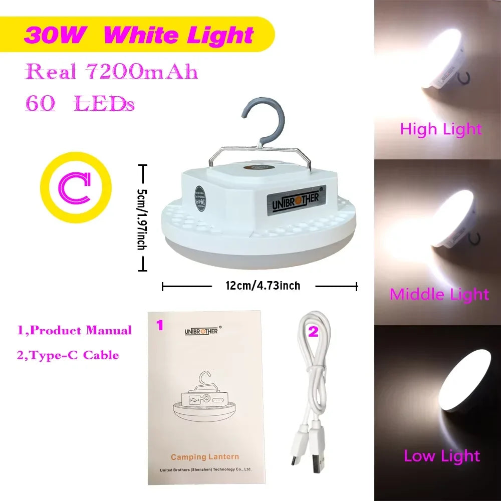 Rechargeable LED Camping Lantern, Magnetic Hook, USB and Type-C 2A Charging, 4 Light Levels, 15W or 30W Options - product view 2